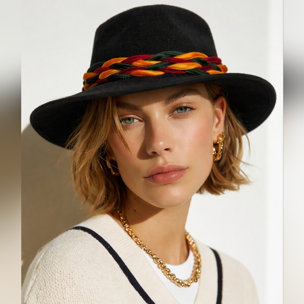 Frank Olive for Neiman Marcus Black with colorful braid accent Brim Hat, Nwt 21